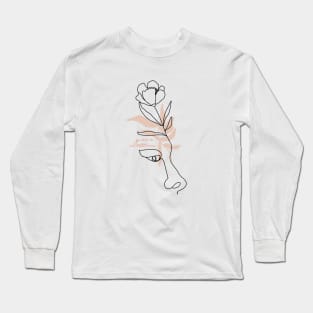 Minimal woman line art. One line woman face with flower and leaves. Long Sleeve T-Shirt